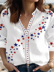 Women's America 250th Anniversary White Linen Star Print V Neck Long Sleeve Shirt