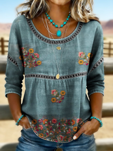 Blue Denim-Look Floral Embroidery Hollow Trim Crew Neck Half Sleeve Micro Stretch Loose Women Blouse