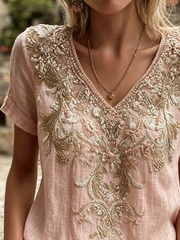 Pink Linen-Like V-Neck Intricate Vintage Floral Embroidery Short Sleeve Casual Women T-Shirt