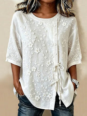 White Linen Textured Floral Embroidery Crew Neck Half Sleeve Tie Front Micro Stretch Regular Fit Women Shirt