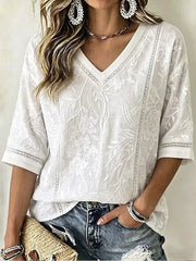 White Delicate Floral Embroidery V-Neck Half Sleeve Loose Casual Women T-shirt