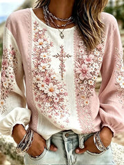 Pink Paneled Floral Embroidered Crew Neck Puff Long Sleeve Micro Elastic Loose Women Blouse