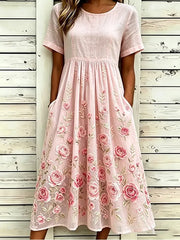 Pink Rose Floral Embroidery Crew Neck Half Sleeve Empire Waist A-Line Midi Summer T-Shirt Dress With Pockets