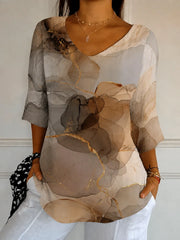 Brown Marble Ombre V-Neck 3/4 Sleeve Tee