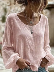Pink Lightweight Crew Neck Loose Long Sleeve Blouse