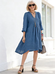 Women's Cotton and Linen 3/4 Sleeve V-neck Loose Casual Pocket Dress