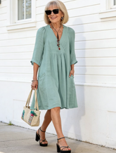 Women's Cotton and Linen 3/4 Sleeve V-neck Loose Casual Pocket Dress