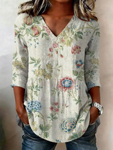 Vintage Floral V-Neck Three-Quarter Sleeve Peplum Tunic Top