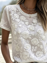 White 3D Rose Embroidery Crew Neck Short Sleeve Casual T-Shirt