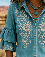 Teal Denim Floral Vine Embroidery Lapel Double Flounce Half Sleeve Button Down Shirt