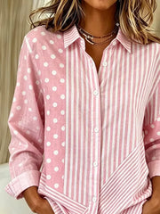 Pink Mixed Polka Dot & Vertical Stripe Patchwork Lapel Long Sleeve Button Down Shirt