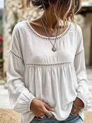 White Hollow Eyelet Lace Round Neck Puff Long Sleeve Peplum Casual Blouse