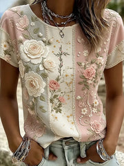 Pink Color Block 3D Rose Floral Pearl Trim Crew Neck Short Sleeve Casual T-Shirt
