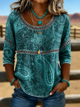 Green Vintage Paisley Floral Print Scoop Neck Eyelet Lace Peplum Three-Quarter Sleeve Loose Blouse