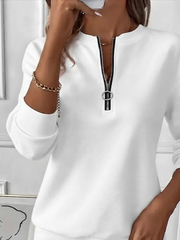 White Half Zip Stand Collar Solid Long Sleeve Casual Sweatshirt