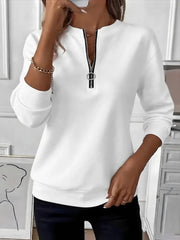 White Half Zip Stand Collar Solid Long Sleeve Casual Sweatshirt