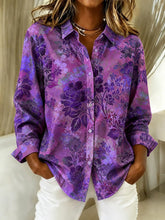 Purple Vintage Peony Floral Shawl Collar Button Down Long Sleeve Lightweight Shirt