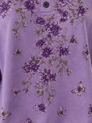 Purple Floral Butterfly Print Four-Button Henley Crew Neck Long Sleeve Casual Sweatshirt