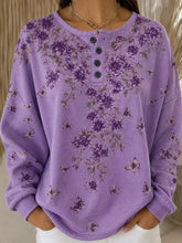 Purple Floral Butterfly Print Four-Button Henley Crew Neck Long Sleeve Casual Sweatshirt