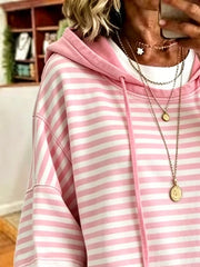 Pink White Horizontal Stripe Short Sleeve Drawstring Hoodie