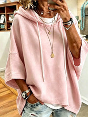Solid Pink Loose Short Sleeve Drawstring Hoodie