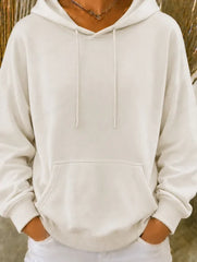 Off White Solid Drawstring Hooded Long Sleeve Pocket Sweatshirt