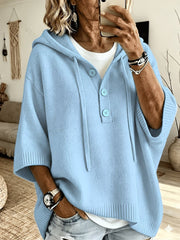 Sky Blue Button Placket Drawstring Hooded Half Sleeve Knit Sweater