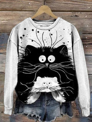 White Stylish Art Cat Print Round Neck Sweatshirt