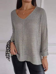 Casual Plain V-neck Knitted Long Sleeve Sweater