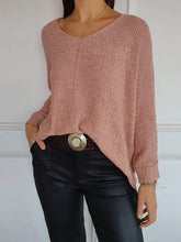 Casual Plain V-neck Knitted Long Sleeve Sweater