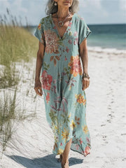 Vintage Floral V-neck Short Sleeve Maxi Dress