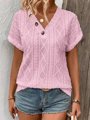 V Neck Loose Short Sleeved Button Solid Color T Shirt