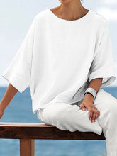 Solid Crew Neck 3/4 Sleeves Loose T-shirt