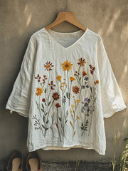 Romantic Floral V-neck 3/4 Sleeves Loose Shirt