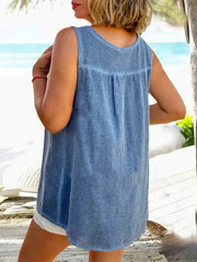 Blue Cotton And Linen Casual Half Open Collar Tank Top