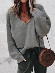 Plain Casual Long Sleeve V Neck Yarn/Wool Yarn Sweater