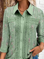 Geometric Print Shirt Collar 3/4 Sleeves Loose Shirt
