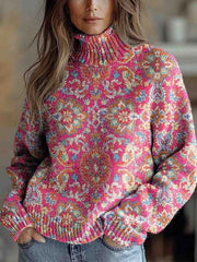 Vintage Ethnic Floral Print Turtleneck Comfy Pullover Sweater