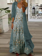 Women's Floral V Neck Three Quarter Sleeve Comfy Casual Coat With Skirt Two-Piece Set