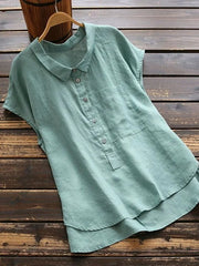Solid Shift Casual Shirt Collar Cotton Short Sleeves Blouse