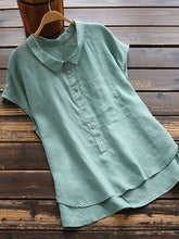 Solid Shift Casual Shirt Collar Cotton Short Sleeves Blouse