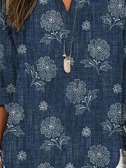 V Neck Long Sleeve Floral Regular Loose Shirt For Women