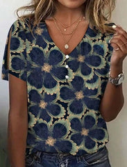Buckle Floral V-neck Short Sleeve Loose Casual T-Shirt