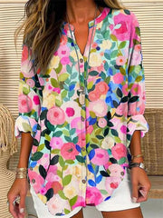 Vintage Button Down Floral Print V Neck Charming Blouse