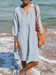 Plain V-neck 3/4 Sleeves Comfy Midi Dress