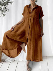 Casual Solid Linen Loose Lapel Jumpsuit