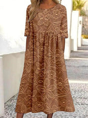 3D Floral Print Crew Neck Half Sleeve Comfy Vintage Maxi Dress