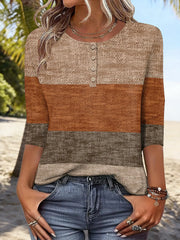 Elegant Striped Crew Neck Fit 3/4 Sleeve Summer Casual Blouse