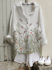 Floral Print V-neck Plus Size Long Sleeve Blouse
