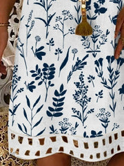 Floral V Neck Linen Style Loose Mini Dress